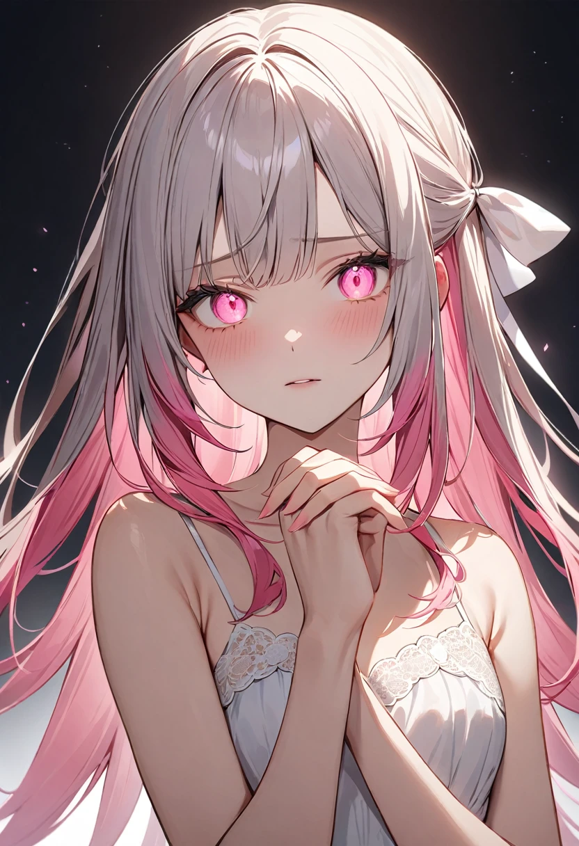 (masterpiece, top quality, very aesthetic, 4k、illustration), intricate detail, 1woman,solo,contrapposto 、Strong glowing eyes、,(upper body)、、(),beautiful face、、sorrow、straight hair、(fluorescence pink gradient hair)、own hands clasped、multicolored hair,hair ribbon,middle hair,sidelock ,レッド　eyes、white lace camisole Dresses、small breasts、Slim 、white background