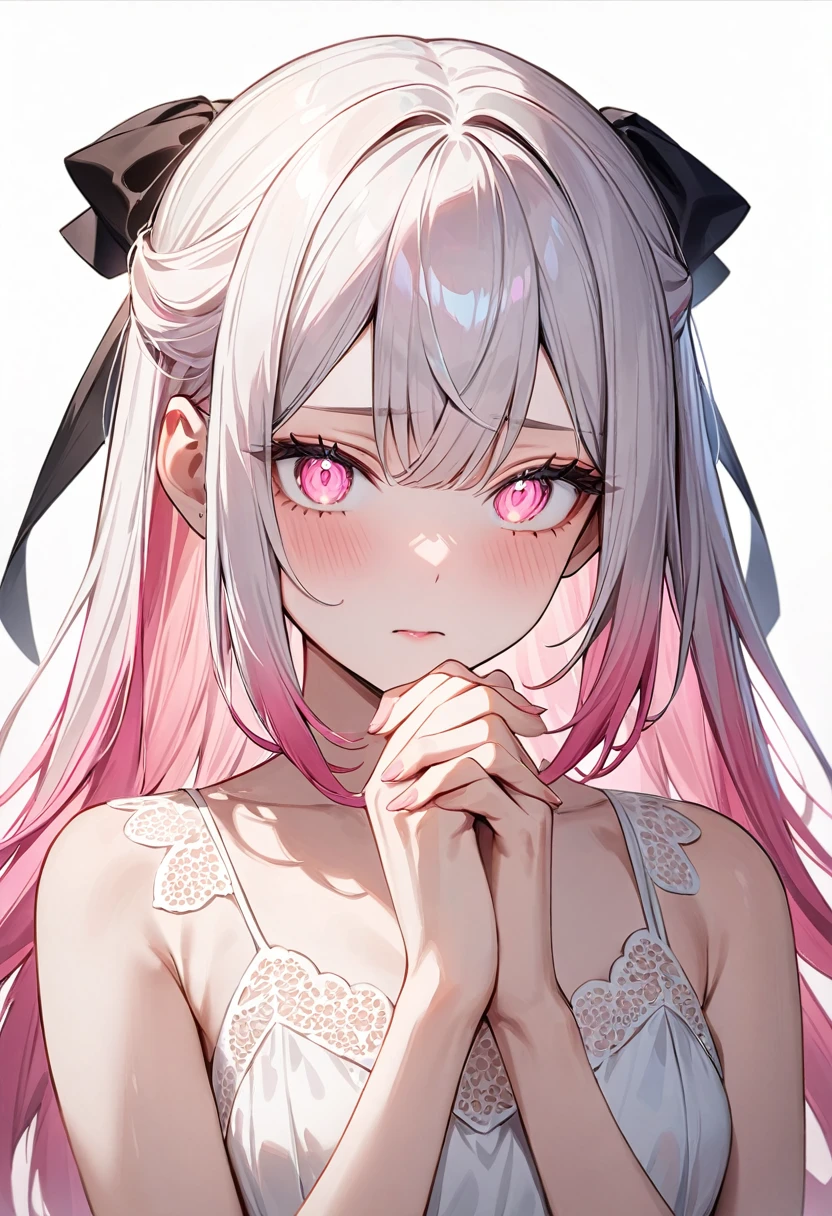 (masterpiece, top quality, very aesthetic, 4k、illustration), intricate detail, 1woman,solo,contrapposto 、Strong glowing eyes、,(upper body)、、(),beautiful face、、sorrow、straight hair、(fluorescence pink gradient hair)、own hands clasped、multicolored hair,hair ribbon,middle hair,sidelock ,レッド eyes、white lace camisole Dresses、small breasts、Slim 、white background