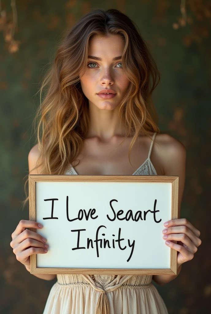 Beautiful girl with wavy long hair, bohemian dress, holding a white board with text "I Love Seaart Infinity" and showing it to the viewer
