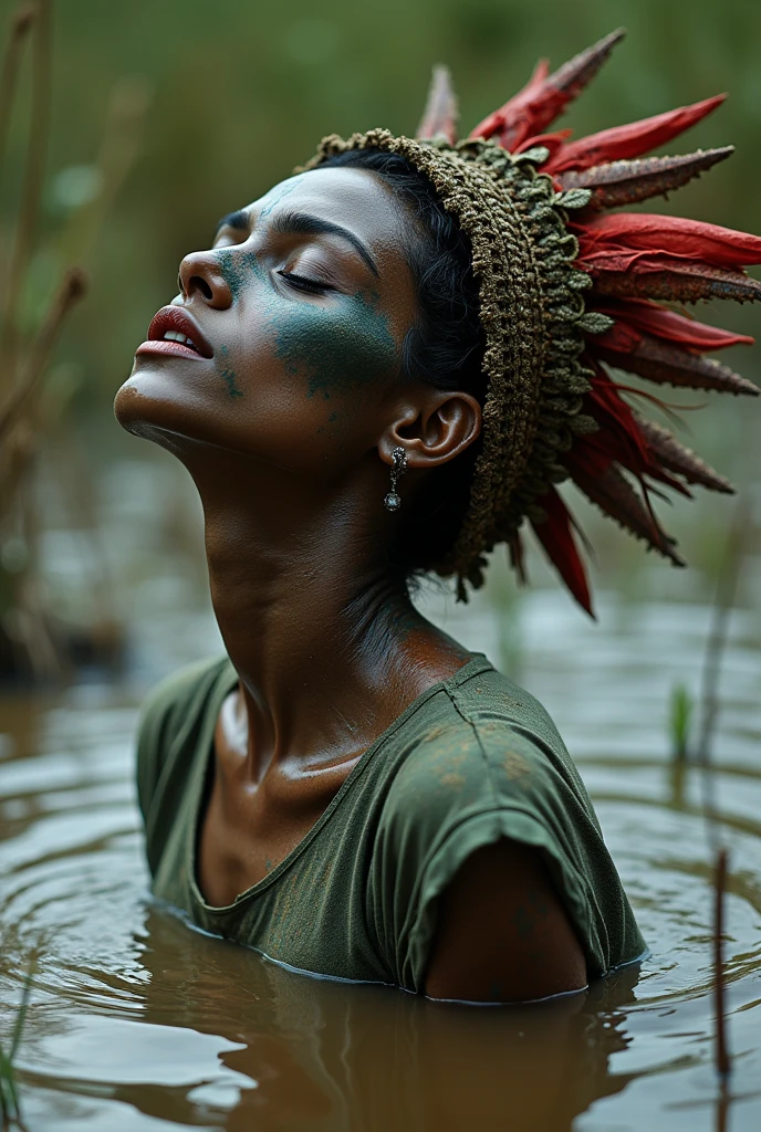 extremely detailed woman head in mud bog, t-shirt,is victim of ritual, mud bog, drowned below mud bog,  fashion photoshoot posing,gloomy orgasm, sexy posing, provocative photoshoot, loosing control, headdress,traditional indigenous makeup. red, green, blue, side view, from afar