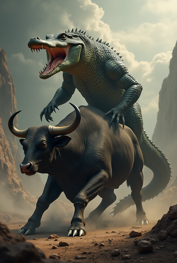 Size: 1024x768

prompt: A dramatic scene of a crocodile defeating a bull in a fierce battle. The crocodile is triumphantly perched on the defeated bull, exuding an air of glory and dominance. The background should be intense and dynamic, capturing the aftermath of the battle. The crocodile should appear majestic and powerful, while the bull looks defeated but still imposing. The setting could be a rugged, natural landscape or an arena-like environment. --size 1920x1080
