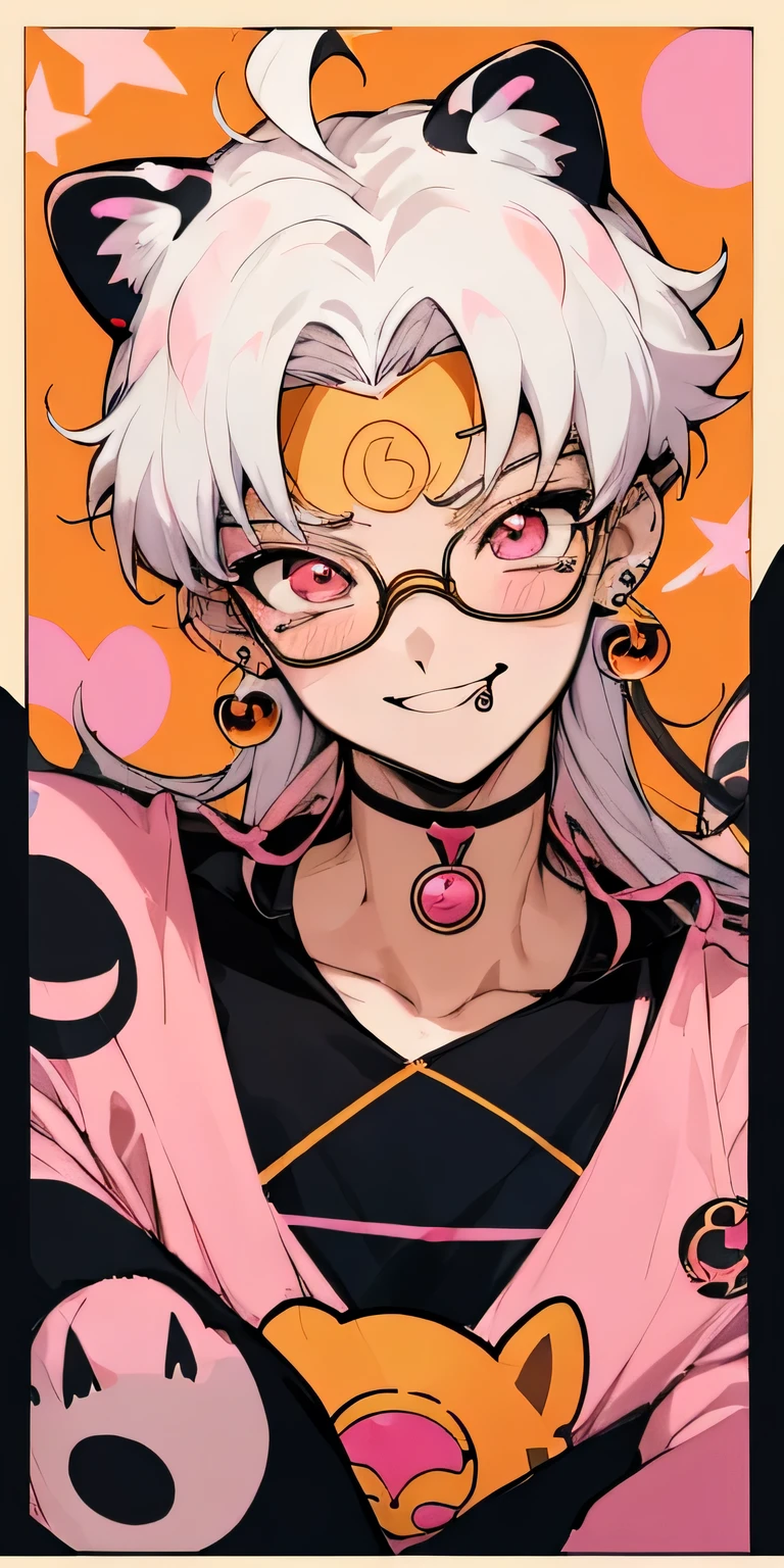 A handsome anime boy sailor moon 2000 style, long orange, black and white hair, with pink eyes with pastel yellow stars, with gyaru clothing and leopard print animal print, face piercings, thin red glasses, stickers on his face and sticking out his tongue while smiling while smiling showing his fangs, in a age room with gyaru-style band posters
