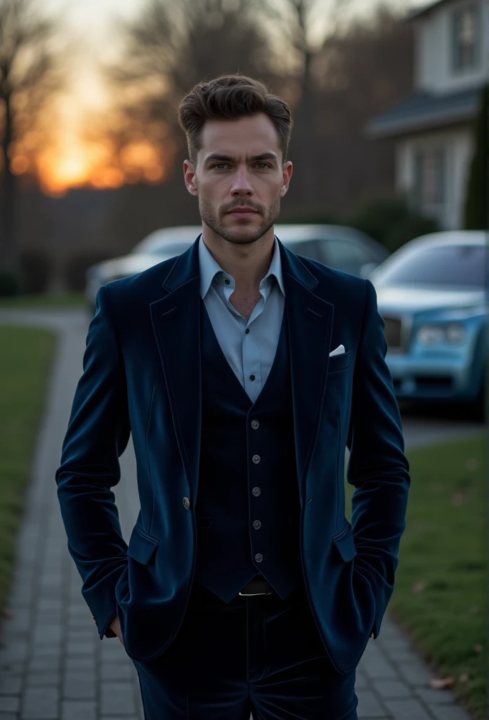 full bodyesbian, Close-up portrait of a wide angle photo of a handsome man's body , Tall,Fit and fit, (40 years:1.1), (Shaved:1.2) , (Very short brown hair and a little curly:1.5),(Very short hair:1.6). (Dark blue velvet skinny suit:1.3). (Outside the mansion with luxury cars:1.1),Cold and dark sunset at dusk, (Edge light:1.1),(focused on the eyes), (proud look), (Hard light on the skin:1.2), (hard shadows, dark themes, Depth contrast:1.1), (Portrait photography by Anne Liebowitz), Dark mint theme and choral aesthetic, (skin blemish)