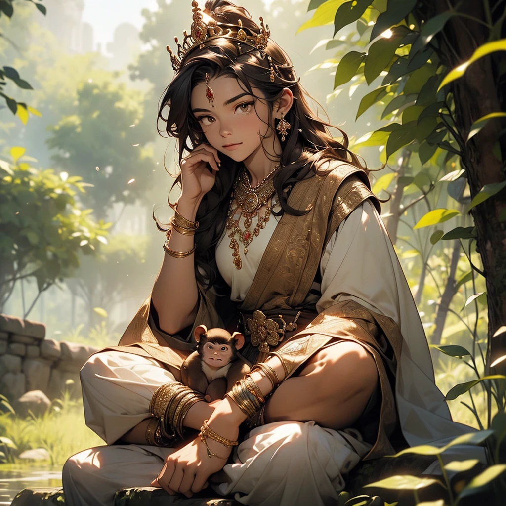 Imagine a serene monkey with rich brown fur, reflecting a warm, earthy tone. This monkey has a calm and peaceful expression, embodying a sense of tranquility and wisdom. Its eyes are gentle and thoughtful. Atop its head sits a gold crown reminiscent of the one worn by the mythical Wukong, adding an aura of regal grace. The crown is intricately designed with elegant patterns and perhaps adorned with small, precious gems that catch the light. The monkey's posture is relaxed, exuding a sense of inner calm and enlightened composure. The overall scene is one of harmony, blending the majestic with the serene, high res, ultrasharp, 8K, masterpiece, looking at viewer