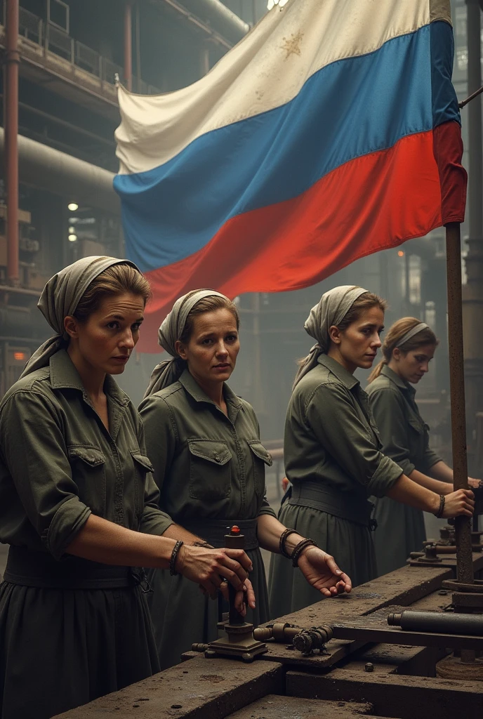 An image,with women working in the industry of the First World War,na Russia,with the Russian flag