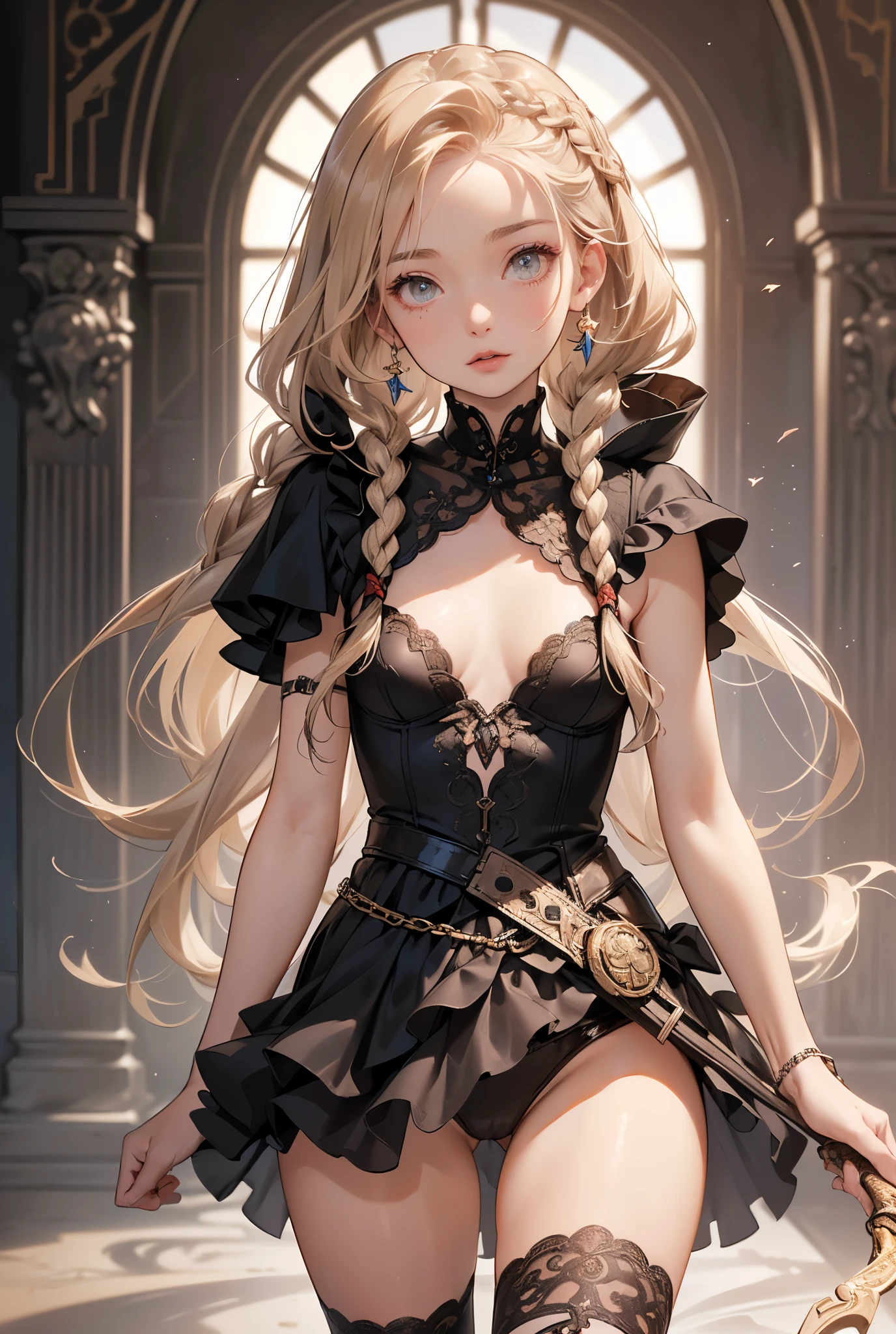 (((masterpiece, of the highest quality, super detailed))), 1girl, (big forhead:1.2),extremely detailed cute anime face, (((flat chest))), (flat chest:1.1),((((long twin braids,tight braids,long braid,braided hair,long hair)))), long hair, red hair, white hair, blonde hair, dark hair, ponytail, thick ponytail, heavy ponytail, (a female knight of an occult order), (an occult saint), (combat pose), (ready for combat), (resolved expression), (resolute expression), (((a beautifully intricate ornate sword floating next to her))), Edwardian/Victorian era inspired, ((minimal but intricate beautiful armour)), ((Fluttering lace flared dress with frilly petticoats)), ((((Highly detailed face))), (((Very sharp focused eyes))), very long eyelashes, ((small breasts)), (((flat chest:1.1))), occult aesthetic, (red and white clothing detailed and intricate steampunk and detailed gothic), (with a hood), complex lace boots, (full body),