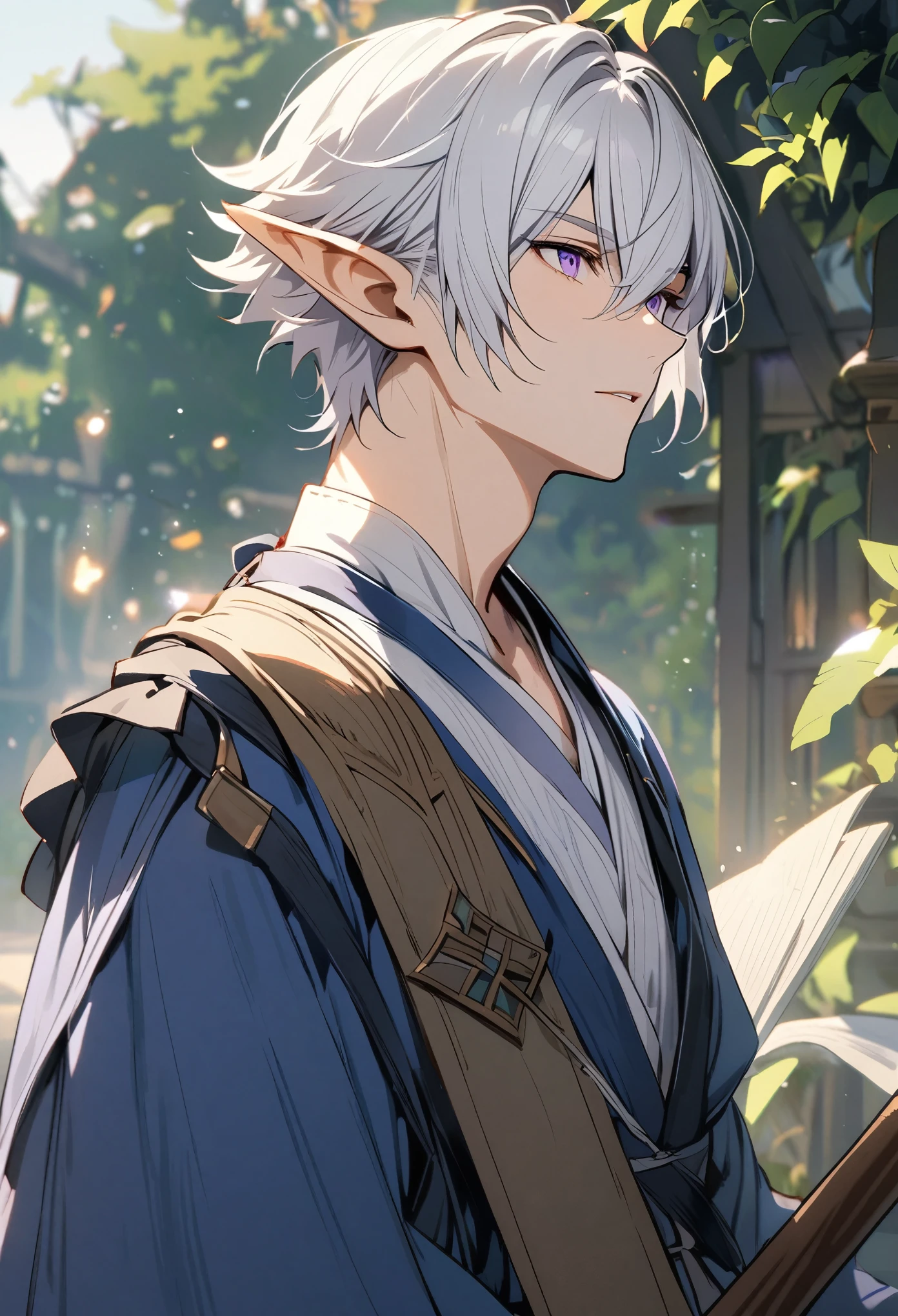 solo, handsome, 1 male, short hair, white hair, purple eyes, white shirt, blue robe, bard, elf