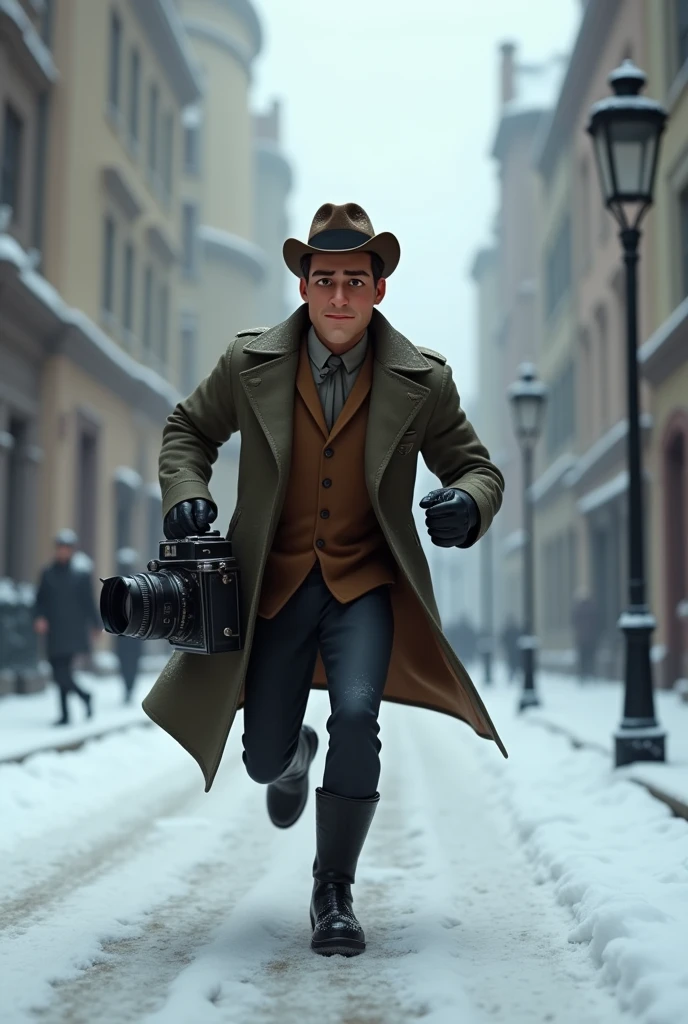 A want a journalist with a vintage camera on his hand running in a snow old city. The man is in the med of 30s. The time of the character is in the 1900s. The character is animation 3d Pixar and Disney style. Movie poster, running from something with face expression. Only in pixar style. He is wearing the black boots. And vintage jacket with French hat.