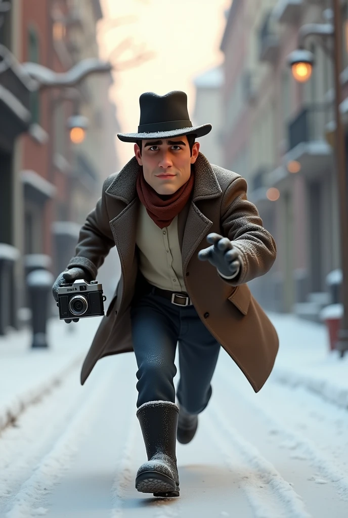 A want a journalist with a vintage camera on his hand running in a snow old city. The man is in the med of 30s. The time of the character is in the 1900s. The character is animation 3d Pixar and Disney style. Movie poster, running from something with face expression. Only in pixar style. He is wearing the black boots. And vintage jacket with French hat.
