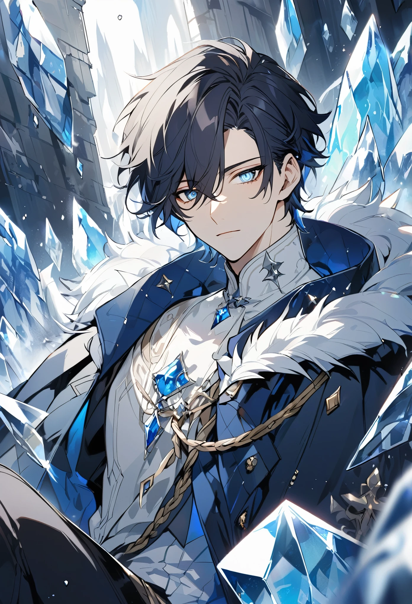solo, handsome, 1 male, short hair, dark hair, icy eyes color, white shirt, dark blue coat , white fur ,ice ,prince