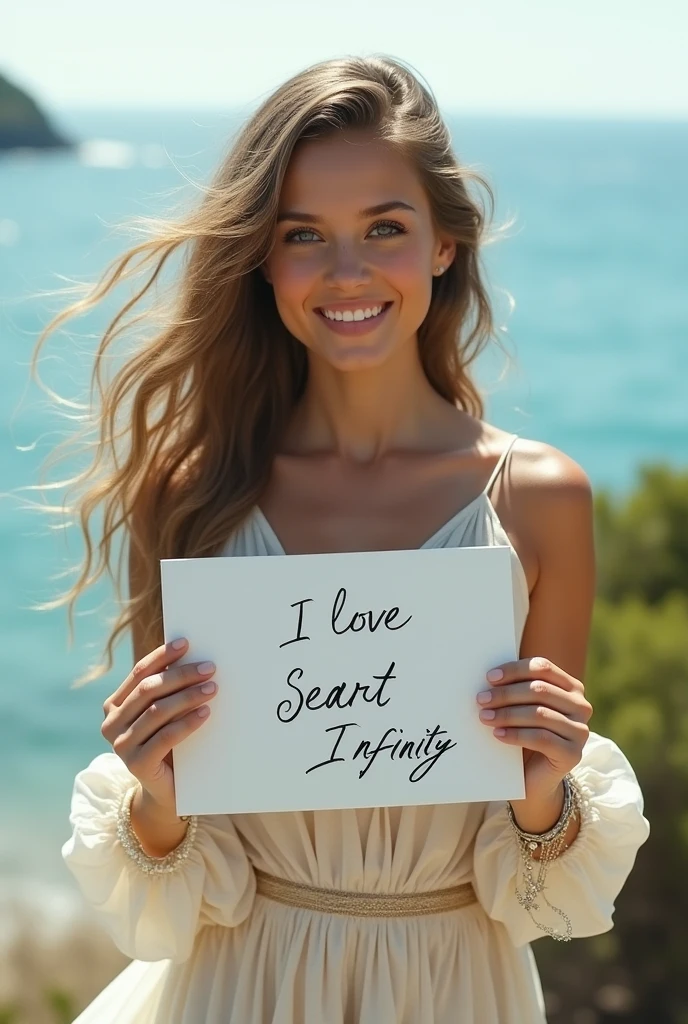 Beautiful girl with wavy long hair, bohemian dress, holding a white board with text "I Love Seaart Infinity" and showing it to the viewer