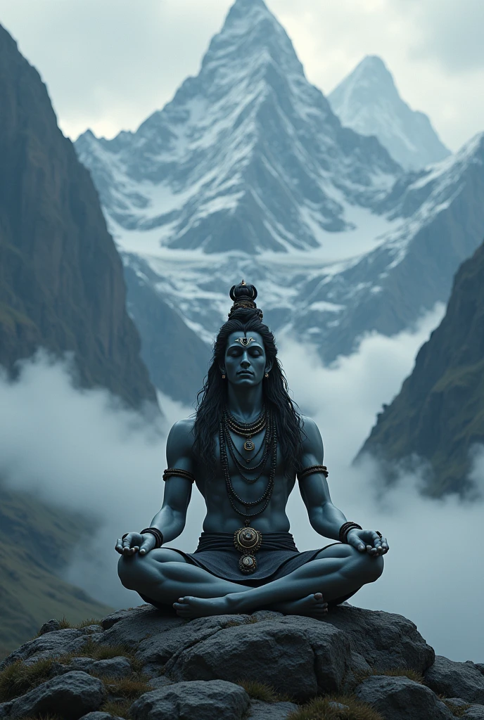 Generate lord Shiva in mountains wallpaper with dark mode