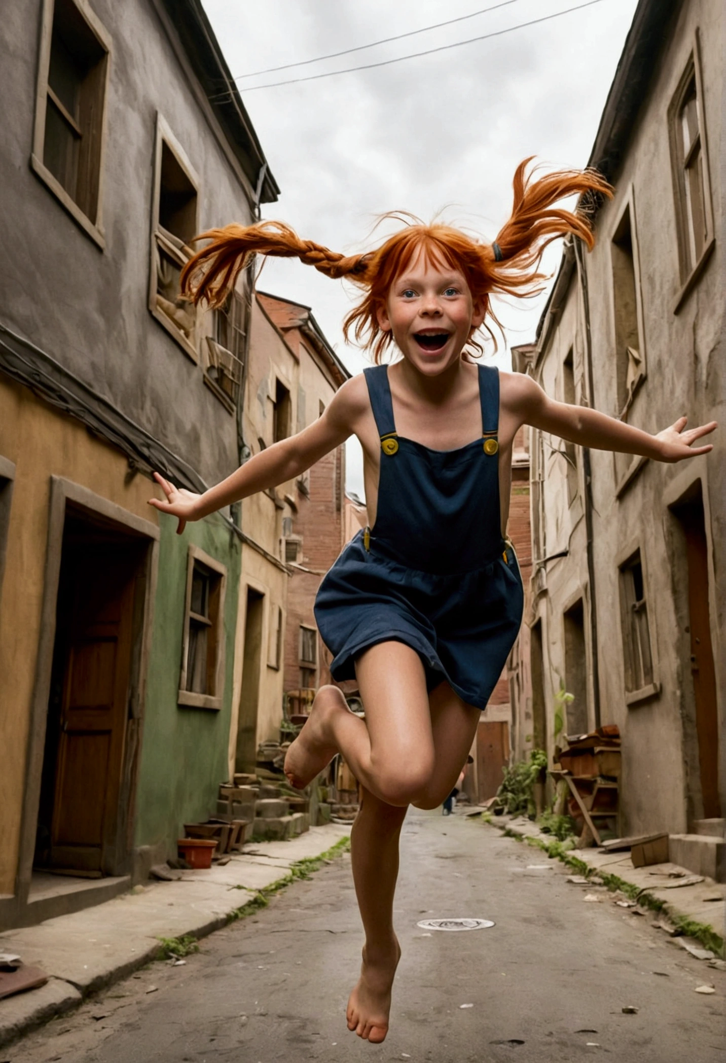 Pippi Longstocking jumps happily playing through the streets of a street of low houses.