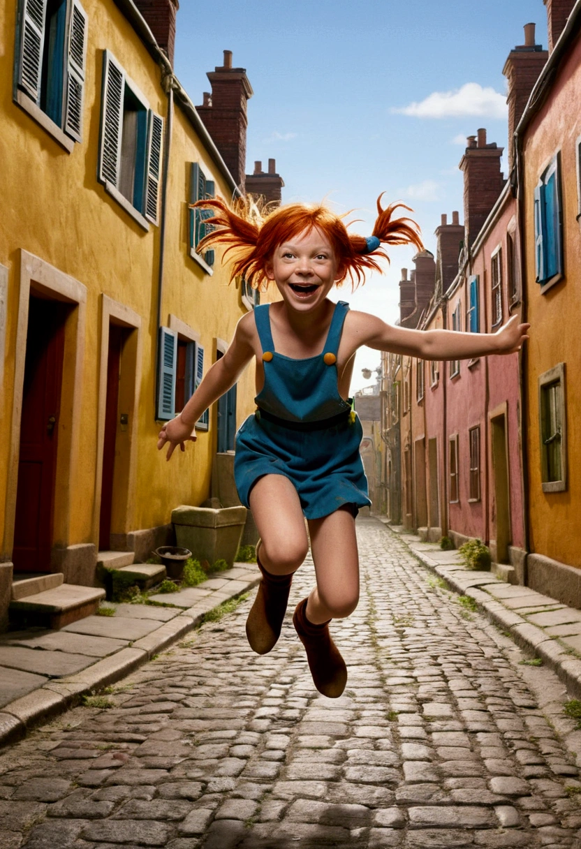 Pippi Longstocking jumps happily playing through the streets of a street of low houses.