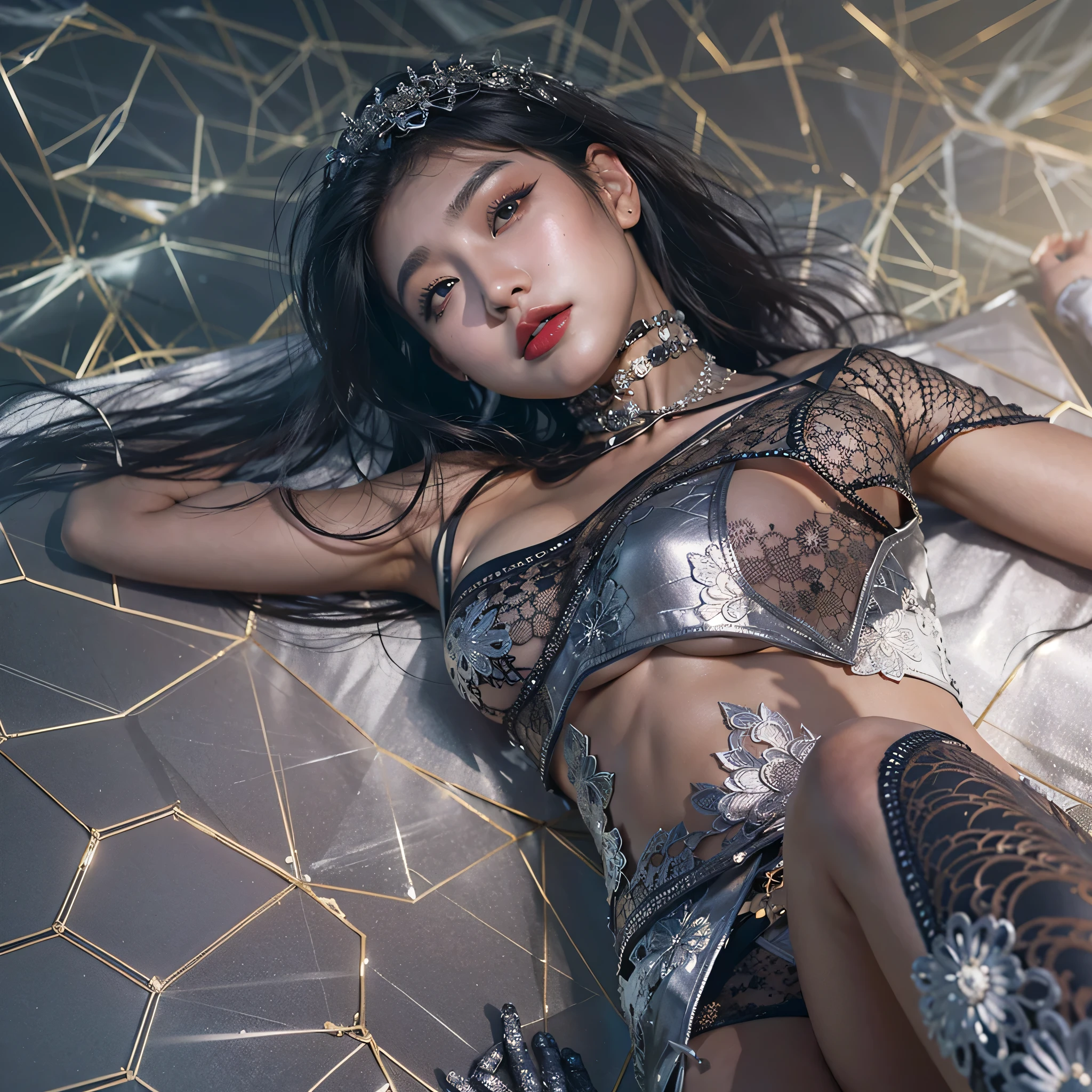 (((Young asian woman))), (((full body photo))) , silver metal lingerie with geometric cutouts in the design showing skin , simple thick perforated silver metal lace pattern, sexy provocative reclining pose, consciously showing off her thighs and calves ,(realistic:1.2), (realism), (masterpiece:1.2), (best quality), (ultra detailed), (8k, 4k, intricate),(85mm),light particles, lighting, (highly detailed:1.2),(detailed face:1.2), (gradients), colorful, (detailed eyes:1.2),(detailed background),detailed landscape, (dynamic angle:1.2), (rule of third_composition:1.3), (Line of action:1.2), (big breast:1.4), colored eyeshadow, dark red lipstick, impressive eyeliner, mix make up, choker, detailed dark brown eyes, (black hair), ((brown eyes))