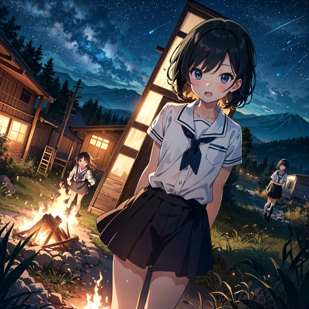 (anime artwork:1.5),best quality,masterpiece,(uncensored:0.9),prefect lighting,rating_explicit,very aesthetic,anime,Ultra detailed,8k,highly detailed,physics-based rendering,cinematic lighting,dynamic angle,official art,anime coloring,
BREAK (little_girl:1.3),((kindergartener)),casual,toddler,(kawaii:1.1),bishoujo,open mouth wide,black eyes,flat chest,
BREAK 3girls,school_uniform,kindergarten_uniform,in summer,field,river,mountains,campfire,tents,(night_sky:1.3),(night:1.3),posing,
