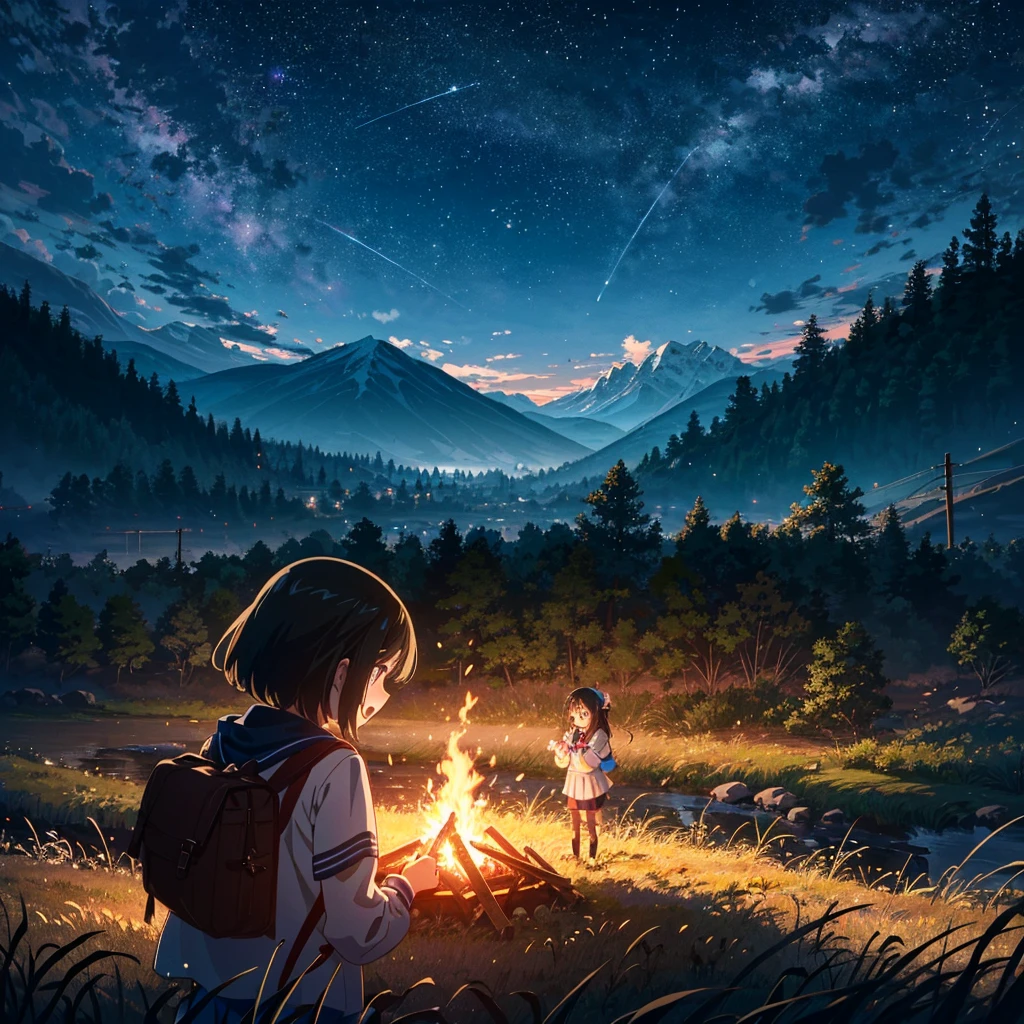 (anime artwork:1.5),best quality,masterpiece,(uncensored:0.9),prefect lighting,rating_explicit,very aesthetic,anime,Ultra detailed,8k,highly detailed,physics-based rendering,cinematic lighting,dynamic angle,official art,anime coloring,
BREAK (little_girl:1.3),((kindergartener)),casual,toddler,(kawaii:1.1),bishoujo,open mouth wide,black eyes,flat chest,
BREAK 3girls,school_uniform,kindergarten_uniform,in summer,field,river,mountains,campfire,tents,(night_sky:1.3),(night:1.3),posing,