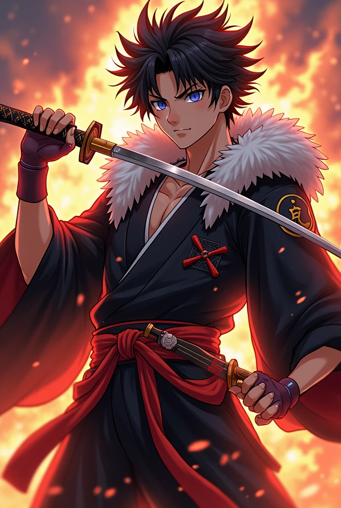 Generate an image of a character in the style of kimetsu no yaiba, let it be a man, that he is a hunter, a young character,that has the lion&#39;s breath and a little fire and that has a haori, that has the uniform of the demon hunters from the anime Kimetsu no yaiba, that his clothes look like Rengoku&#39;s,that has a katana.