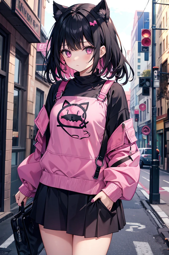 black hair, pink clothes, girl, solo, adult, gothic, street, short kat