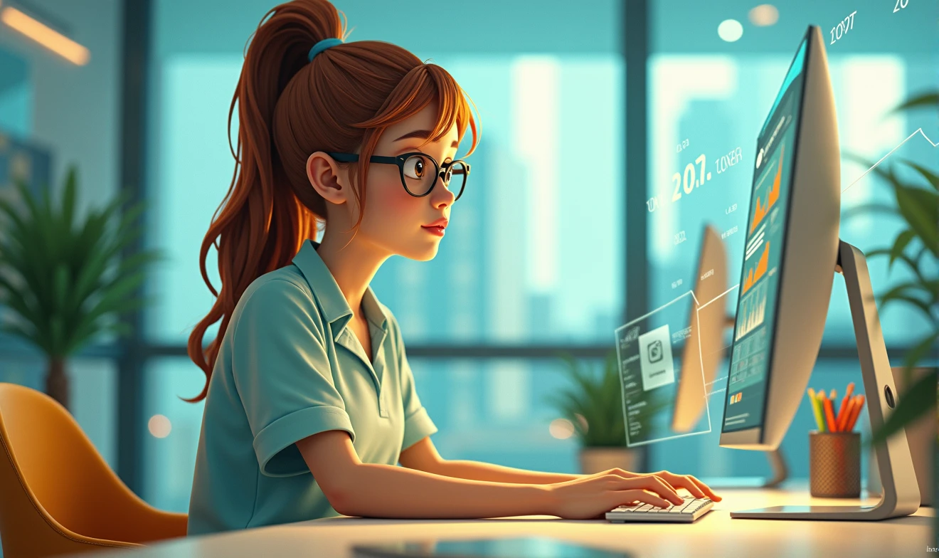 Digital illustration, 3D render of a young professional sitting at a futuristic desk, surrounded by holographic displays showing PPC ads, search results, and analytics graphs. Vibrant colors, detailed office setting with city view, warm ambient lighting, modern anime style