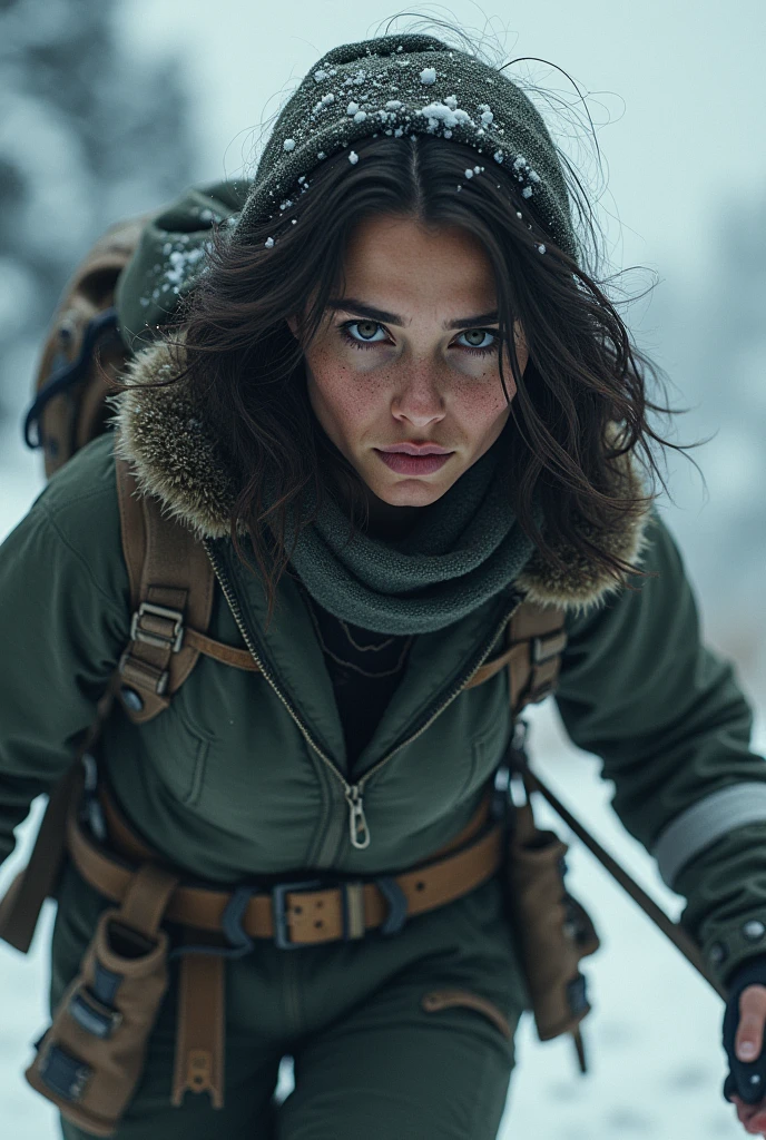 Play a realistic woman in a survival environment, not so sexy, and with coats