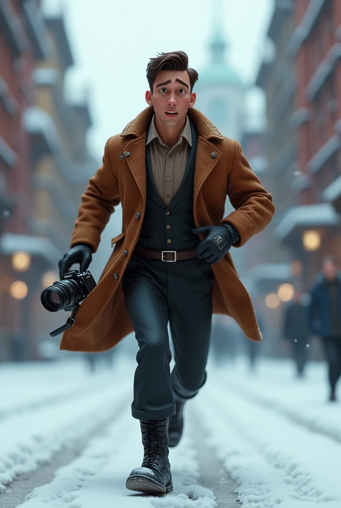 A want a journalist with a vintage camera on his hand running in a snow old city. The man is in the med of 30s. The time of the character is in the 1900s. The character is animation 3d Pixar and Disney style. Movie poster, running from something with face expression. Only in pixar style. He is wearing the black boots. And vintage jacket.