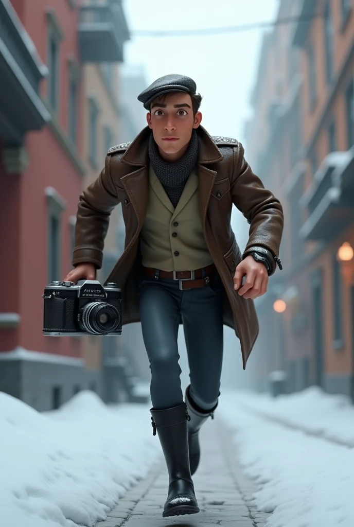 A want a journalist with a vintage camera on his hand running in a snow old city. The man is in the med of 30s. The time of the character is in the 1900s. The character is animation 3d Pixar and Disney style. Movie poster, running from something with face expression. Only in pixar style. He is wearing the black boots. And vintage jacket.