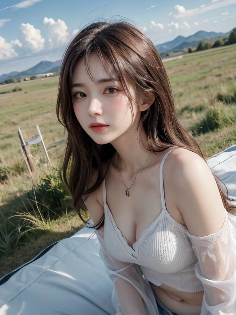 (Awareness-raising), (High resolution), (8k images), (Very detailed), (The best Awareness-raisingns), (Beautiful and fine details), (Highest quality), (Ultra-detailed), (masterpiece), (wallpaper), (Detailed face), solo, One Girl, Brown wavy hair、Big smile、Blushing、Bans、Tightening of the lower back、Thin thighs、Small Ass、Beautiful Bangs、Look at the audience、necklace、耳Nipple Ring、Watching from Above、Blue sky、cloud、grassland、Lying in the steppe