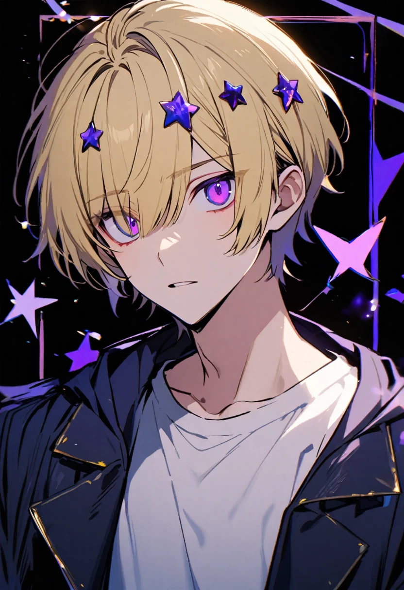 solo, handsome, 1 male, short hair with slide bangs, blonde hair, violet eyes, white shirt, dark blue coat, stars on the head.