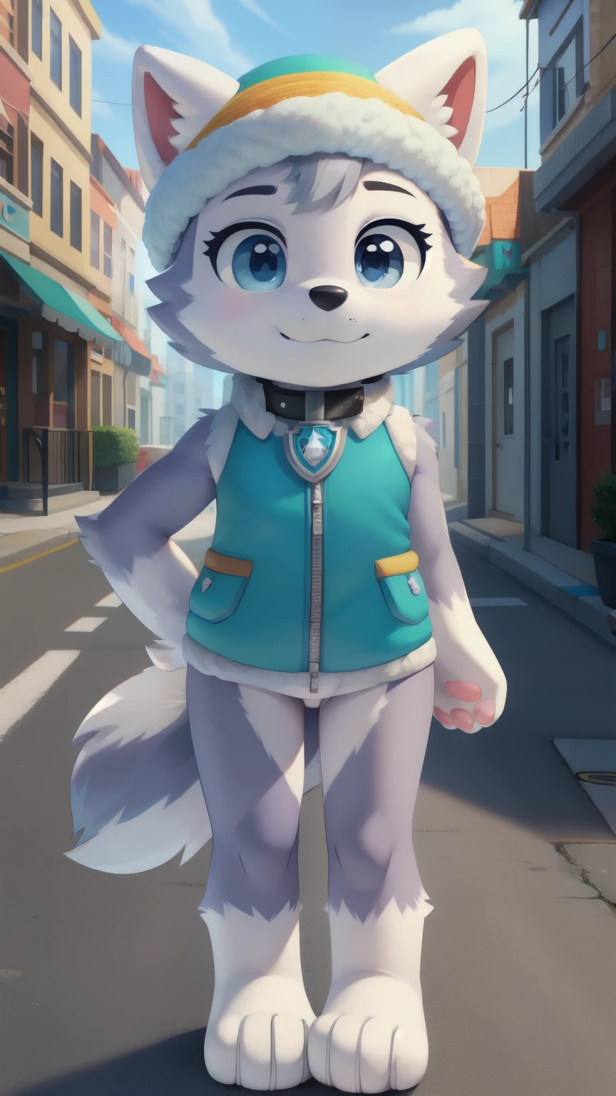 Score_9,score_8_up,score_7_up, source_cartoon, source_furry, Everest, husky dog, furry girl, blue eyes, gray hair, spiky hair, two tone body fur, gray body fur, white body fur, grat hair, detailed body fur, detailed body, detailed face, detailed eyes, glistering body, shiny body, skinny, (best quality), cinematic lighting, looking at viewer, anime style, full body, feets with three toes, street, clear sky, 1girl, :3, tiny body, short body, anthro, {everestpawpatrol}, everest \(paw patrol\), raised tail, tailwag, hat, collar, vest, clothed animal, ((solo)), standing, 