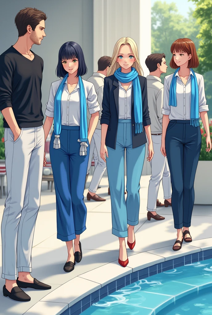 Blue pants white shirt blue scarf indoor women blue pants white shirt men by the pool,white pants black shirt open woman,white pants black shirt men chat