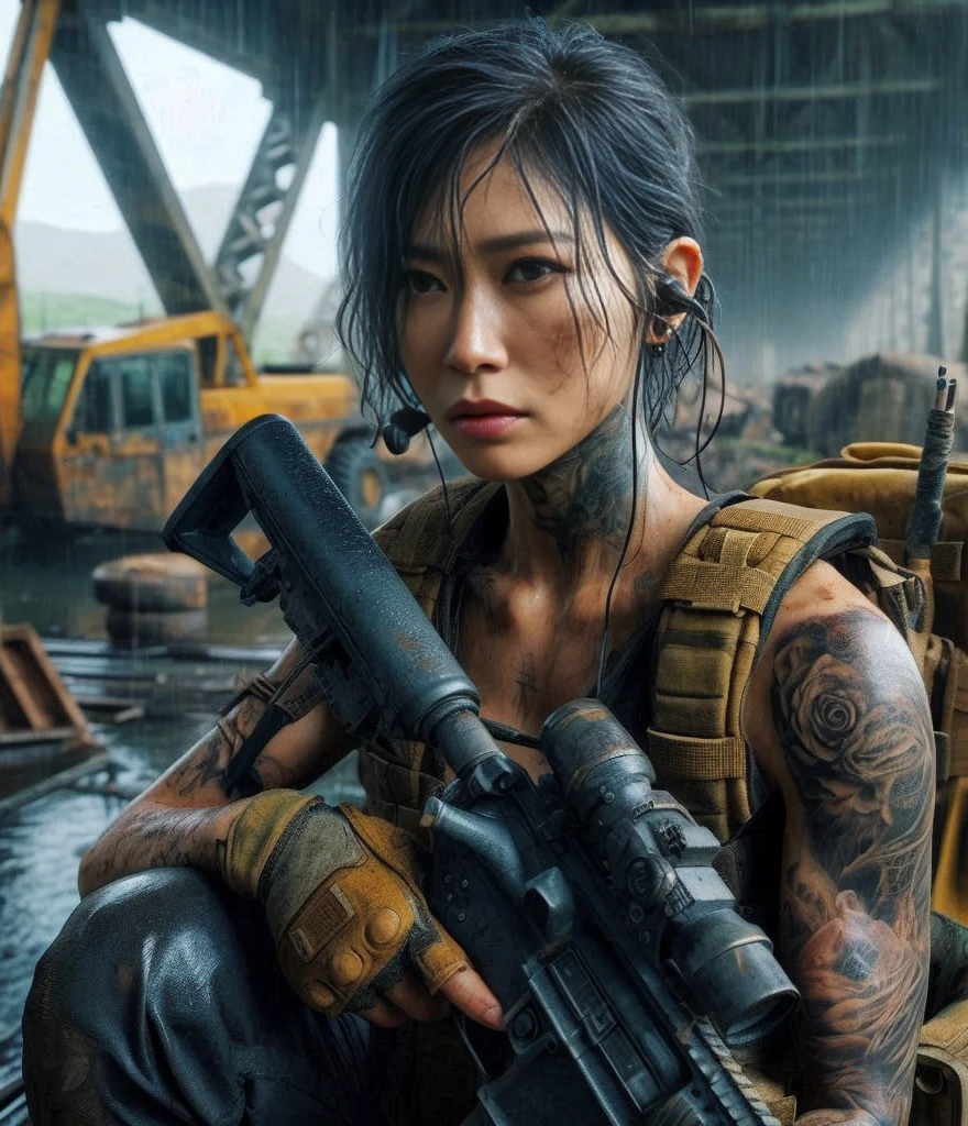 8k,Realistic Photo、Realistic Skin Texture、Superrealism、Japanese women in the U.S. military、Tattoo、Old Bridge、Sitting on abandoned junk、Talking to me、carrying a rifle on one&#39;s shoulder、Heavy equipment、rain、Covered in scars、It is dirty、muscle、The background is out of focus