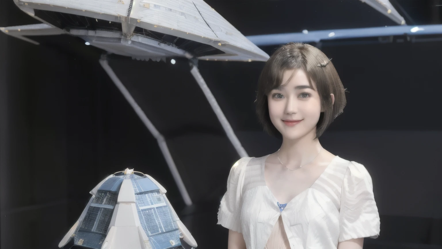 268 (20-year-old princess,Are standing),  ((short hair:1.46)), (chest:1.46), Old-fashioned smile, (flower), (Spaceship:1.46) 