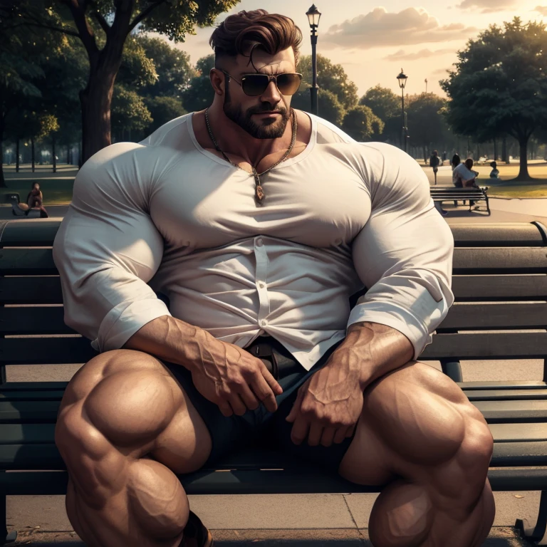 BrutalMass, a very handsome man, sunglasses, wearing a white shirt, sitting on a bench in a park at dusk