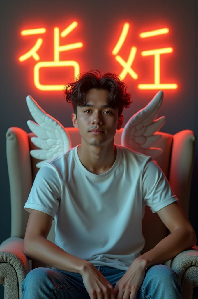 Create a 3D illusion for a profile picture where a 25 Year old cute boy in a white shirt Sitting casually on a Wingback chair. Wearing sneakers, he looks ahead. The background features "حسون" in big and capital Orange neon light fonts on the dark grey wall. There should not be his shadow, and there are wings to make it appear as if he is an angel