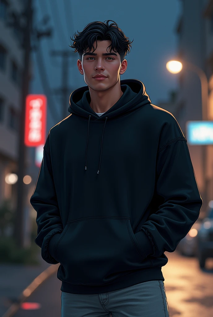 (masterpiece, best quality, ultra-detailed, illustration), detailed face, perfect body, 1boy,25yo, beautiful boy, solo, Black hair, Hip-hop costumes Oversized hoodie,Plain black hoodie,Wearing a hood,light gray jeans, Decisive Pose, In town, Late Night, smile, Perfect facial expression,perfect clothing description