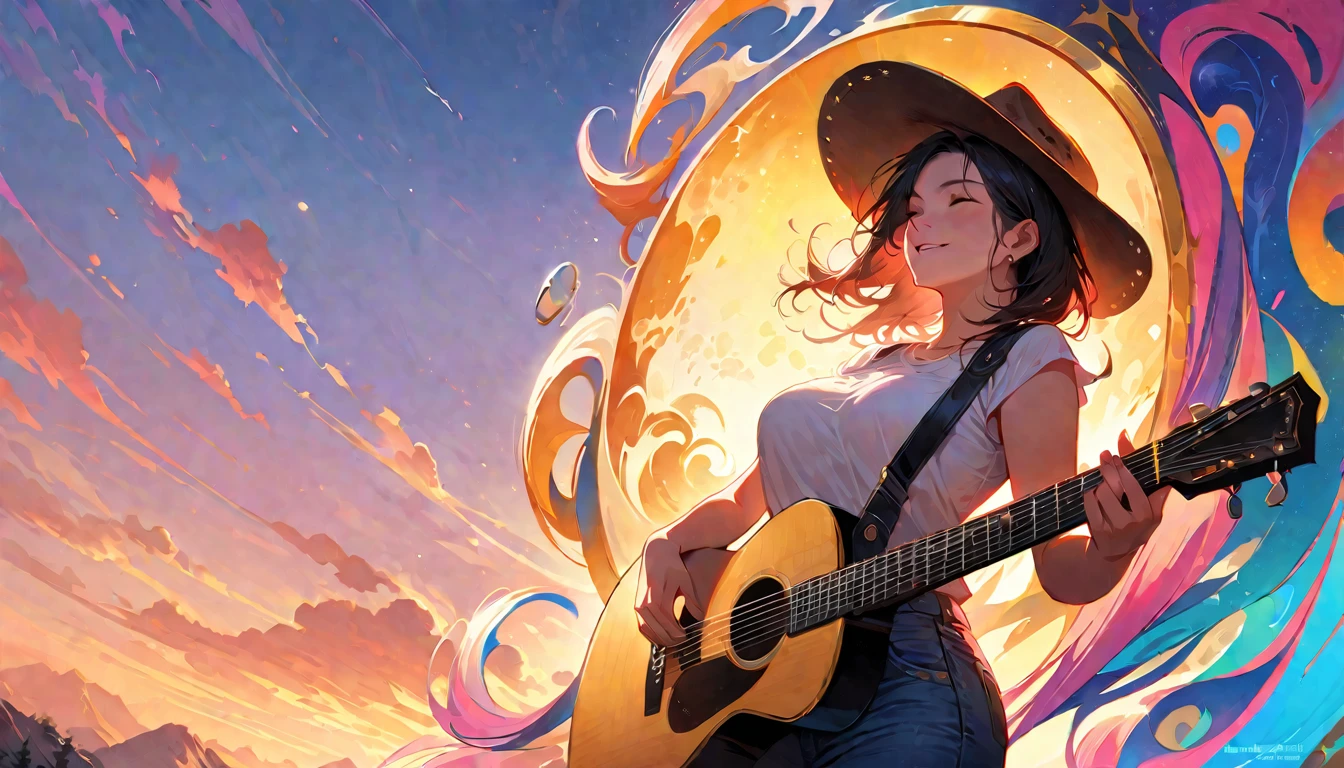 (Highest quality,4K,8k,High resolution,masterpiece:1.2),Very detailed,Realistic,Transparent guitar sculpture,sunset,Sunlight reflecting off a guitar,Body Details,Delicate strings,Vibrant color palette,Sculpting Tools,Hourglass Shape,Sound hole,Elegant Curves,Polished surface,Delicate carving,Light and shadow effects,Subtle reflection,Sparkling Surface,1 cowboy girl,Cowboy hat、American West、Harmony between nature and art,Perfect craftsmanship,Transcendental beauty,Awe-inspiring works of art、Outdoor、jeans、White shirt、A smile like the sun、Don't show your teeth、Mountain々、The angle of view is upwards