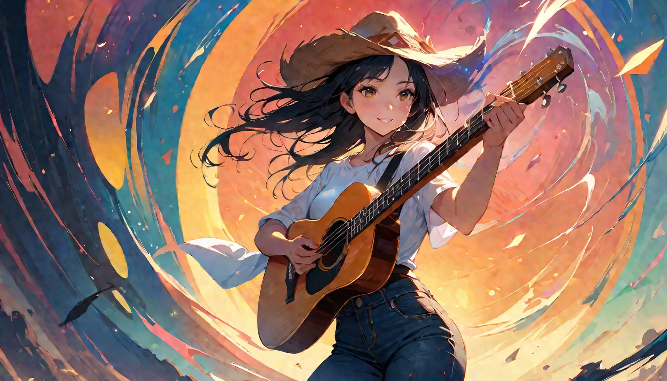 (Highest quality,4K,8k,High resolution,masterpiece:1.2),Very detailed,Realistic,Transparent guitar sculpture,sunset,Sunlight reflecting off a guitar,Body Details,Delicate strings,Vibrant color palette,Sculpting Tools,Hourglass Shape,Sound hole,Elegant Curves,Polished surface,Delicate carving,Light and shadow effects,Subtle reflection,Sparkling Surface,1 cowboy girl,Cowboy hat、American West、Harmony between nature and art,Perfect craftsmanship,Transcendental beauty,Awe-inspiring works of art、Outdoor、jeans、White shirt、A smile like the sun、Don&#39;t show your teeth、Mountain々、The angle of view is upwards