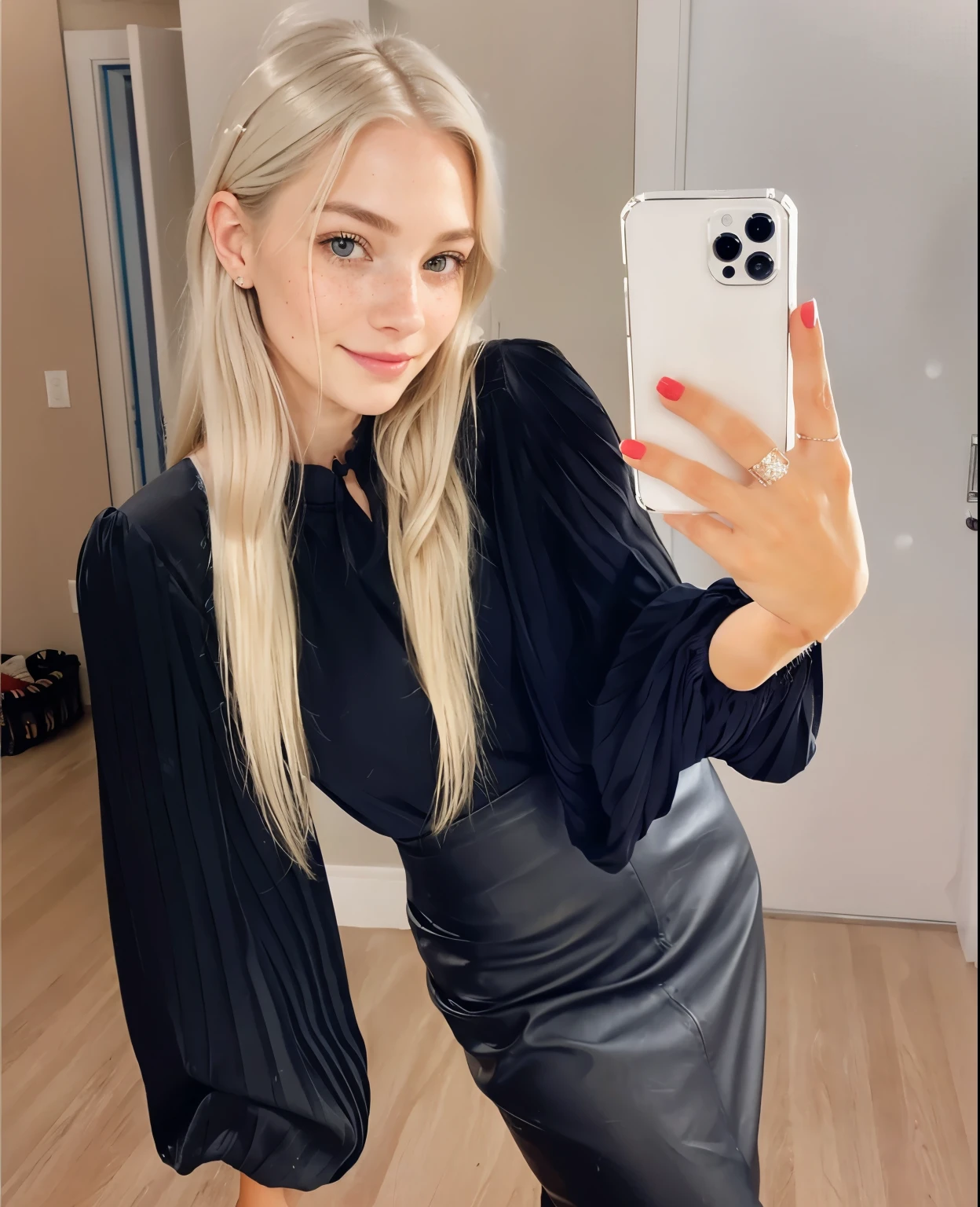 Face of a woman, americana, age 25, pale skin and freckles, grey-eyed, delicate nose, soft and delicate lips, Long Wavy Gray Blonde Hair, Sweet smile, cabelo solto e cheio