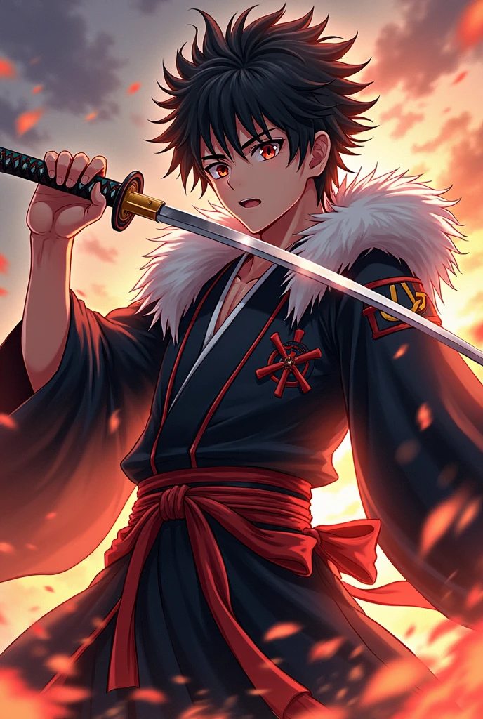 Generate an image of a character in the style of kimetsu no yaiba, let it be a man, that he is a hunter, a young character,that has the lion&#39;s breath and a little fire and that has a haori, that has the uniform of the demon hunters from the anime Kimetsu no yaiba, that his clothes look like Rengoku&#39;s,that has a katana.