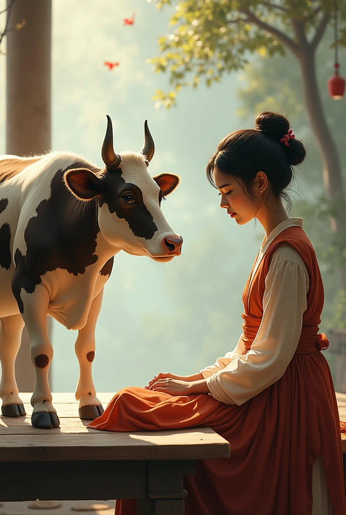 ගවයෙකු සහ ගැහැනු ලමයෙකු මේසයක් මත කතාබහ කරනවා
