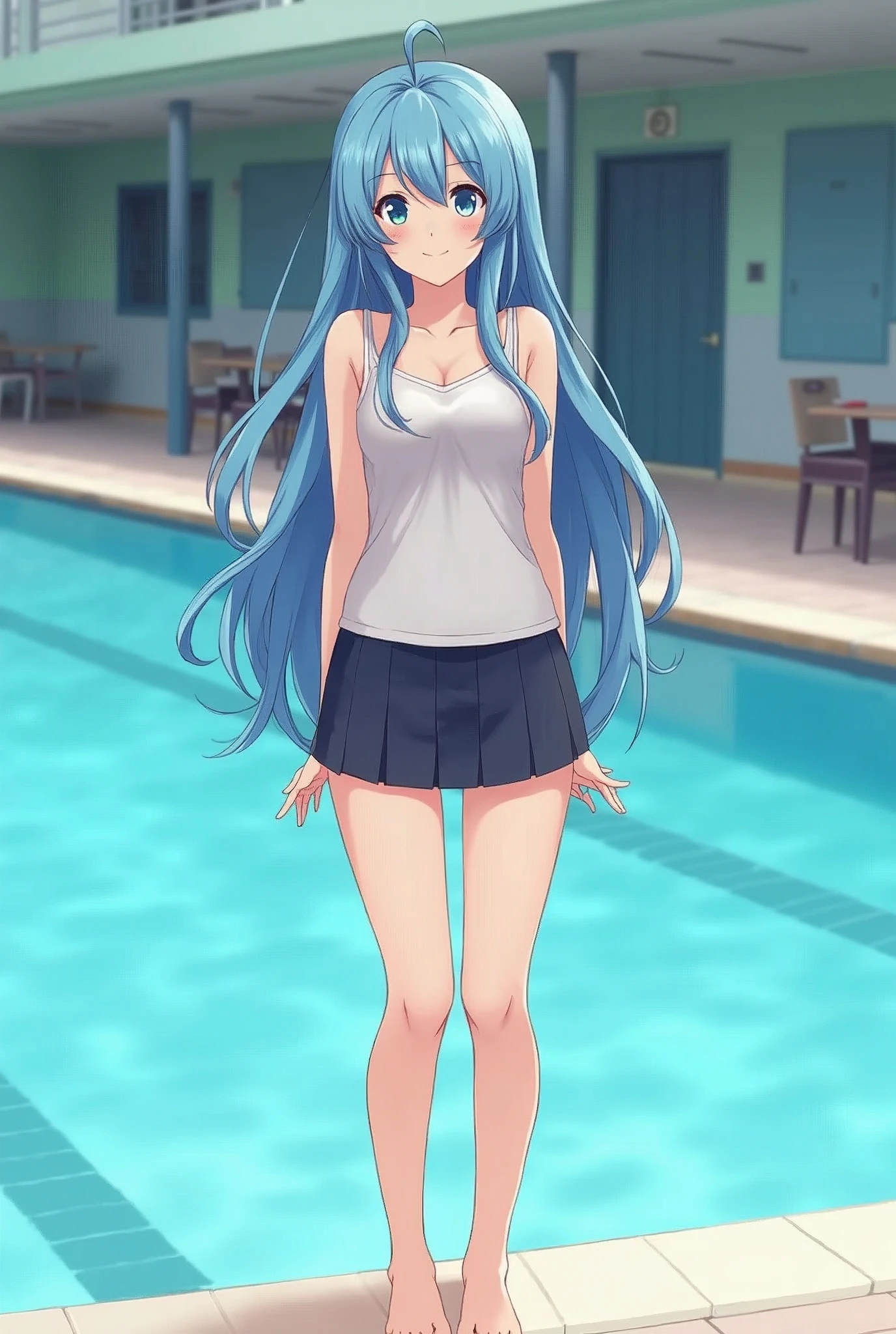 Standing by the pool at an empty school、High school girls、Long Blue Hair、Swimwear、mini skirt、barefoot、Cute Face、Smiling、Full body portrait
