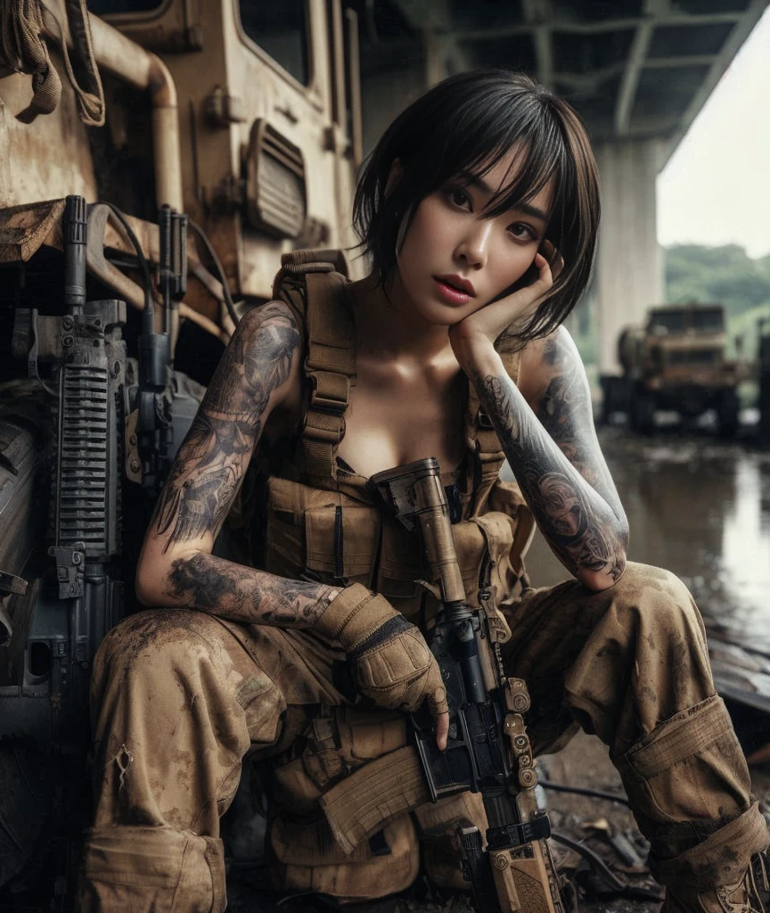 8k,Realistic Photo、Realistic Skin Texture、Superrealism、Japanese women in the U.S. military、Tattoo、Old Bridge、Sitting on abandoned junk、Talking to me、carrying a rifle on one's shoulder、Heavy equipment、rain、Covered in scars、It is dirty、muscle、The background is out of focus