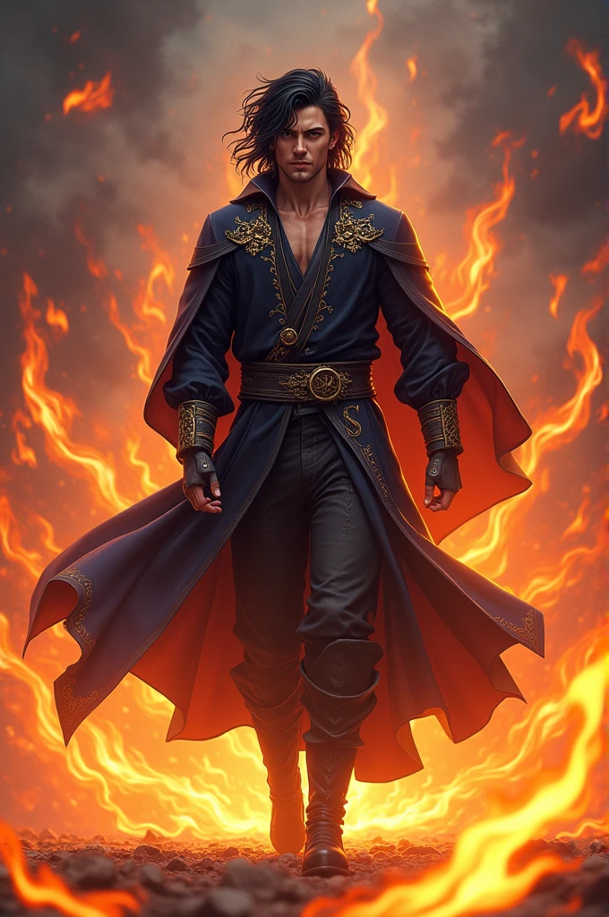 young man, Handsome face, black hair, Dressed in medieval wizard costume, Walking in flames, Anime images