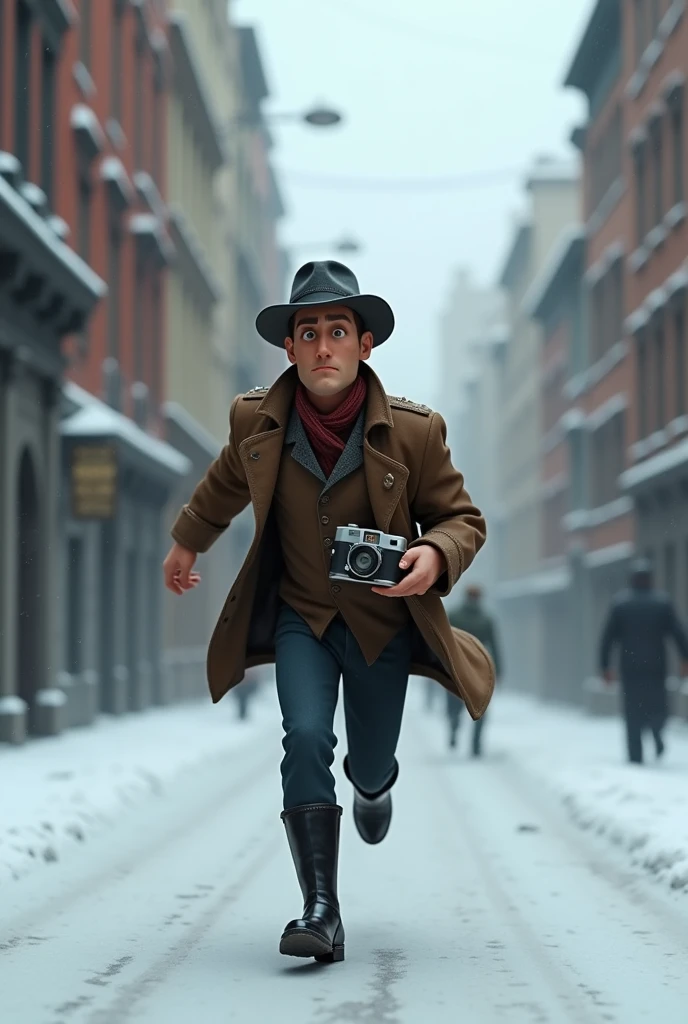 A want a journalist with a vintage camera on his hand running in a snow old city. The man is in the med of 30s. The time of the character is in the 1900s. The character is animation 3d Pixar and Disney style. Movie poster, running from something with face expression. Only in pixar style. He is wearing the black boots. And vintage jacket with flat hat.