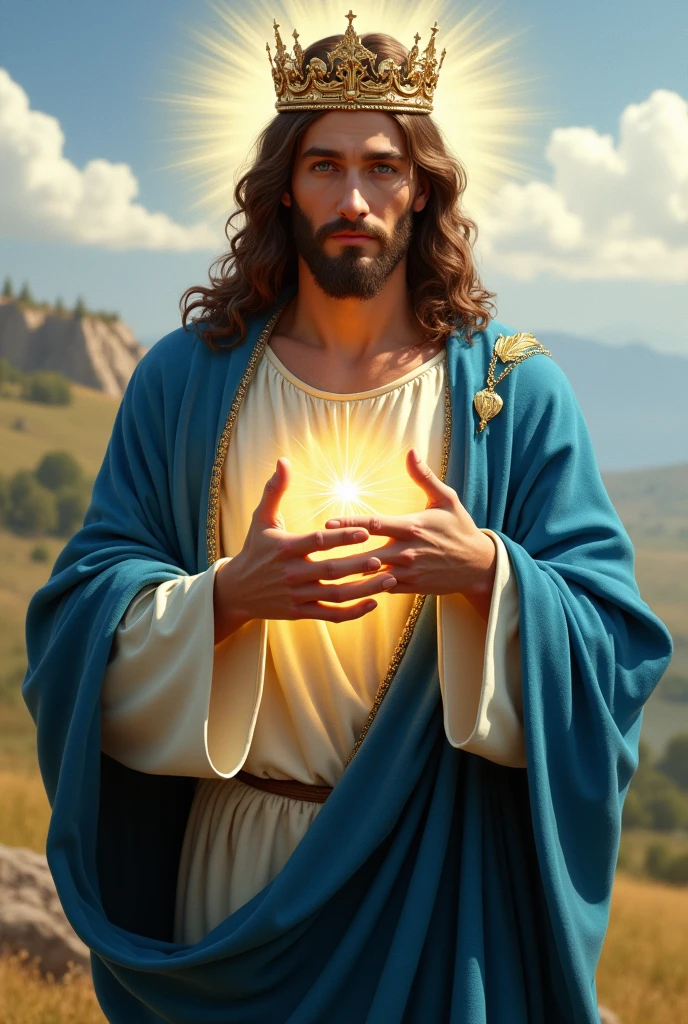 Perfect hand 5 finger, Portrait of a handsome Jesus Christ with light in his head and heart sparkling all over. wearing the blue king clothes with king crown in the hill, Jesus Christ, real blue eyes, sunny day, intricate details.real Jesus Christ, straight head face, Straight body.Prayer Jesus Christ, perfect full body, perfect hands finger,Prayer Jesus Christ, praying Jesus Christ backgrounds natural photographic