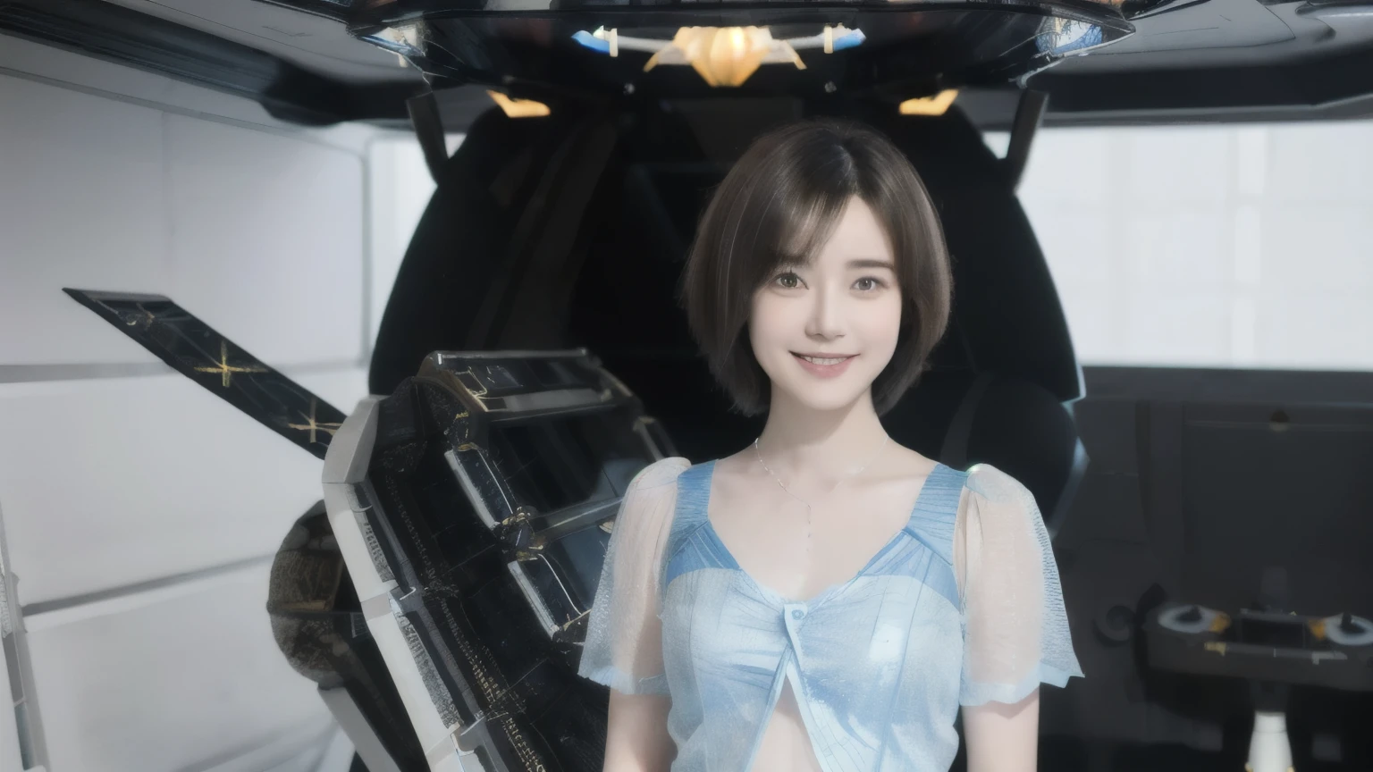 268 (20-year-old princess,Are standing), ((short hair:1.46)), (chest:1.46), Old-fashioned smile, (flower), (Spaceship:1.46)