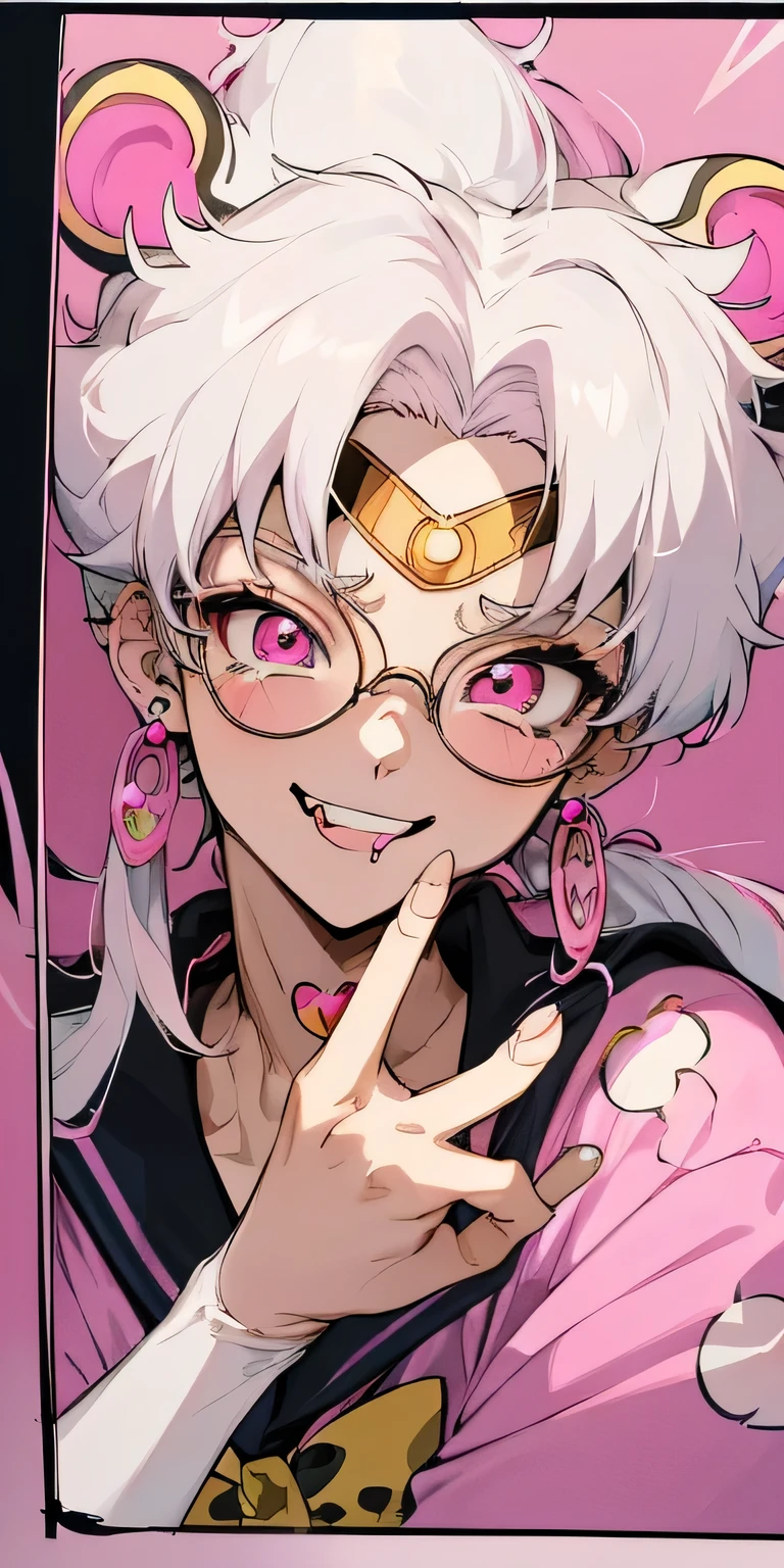 A handsome anime boy sailor moon 2000 style, long and white hair, with pink eyes with pastel yellow stars, with gyaru clothing and leopard print animal print, face piercings, thin red glasses, stickers on his face and sticking out his tongue while smiling while smiling showing his fangs, in a age room with gyaru-style band posters