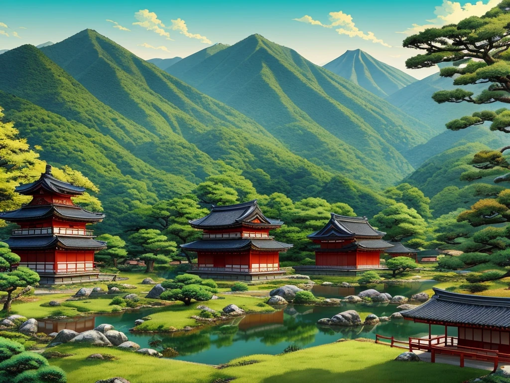 feudal japan landscape, naturey, style of anime/sleeved