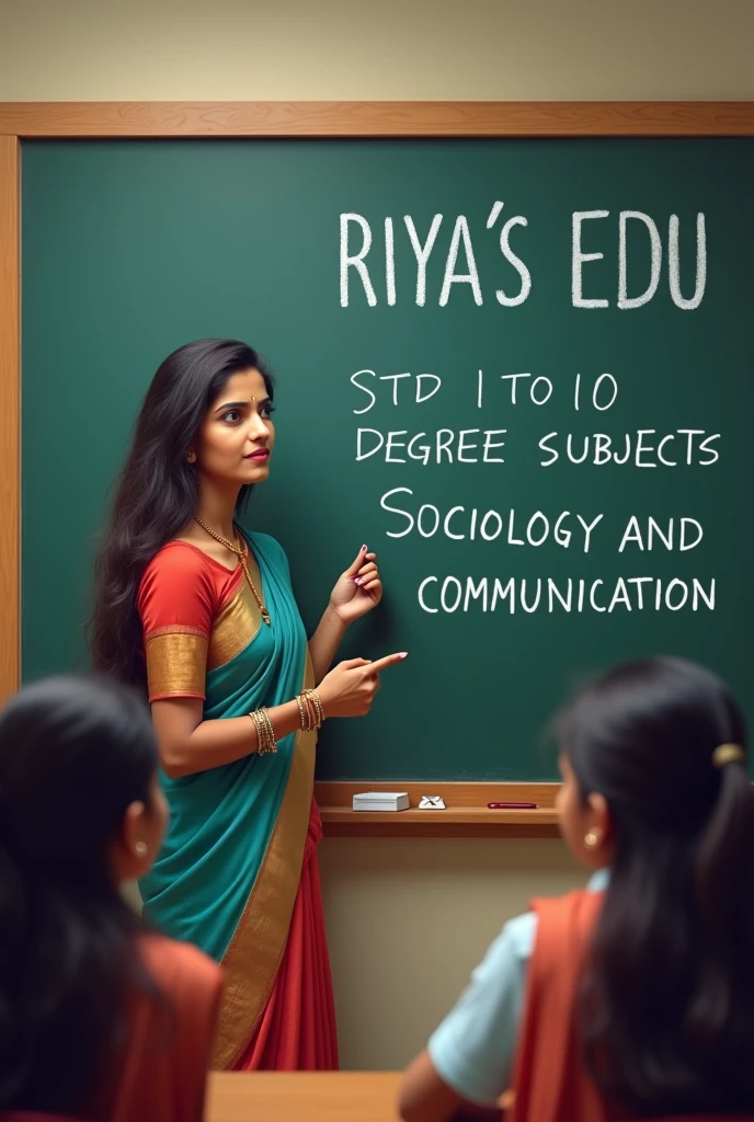  A teacher teaching with black board with long hair saree Tution center with students  on that board it must contain main heading Riya’s edu in capital letter  other line it must write std 1 to 10
 Degree subjects included sociology and communication 
Contact number +91 95626 57568 must include 
All details must contain clear on board 